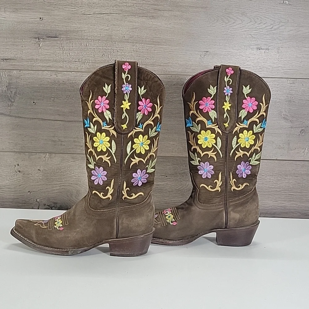 Girls El General Brown Leather Cowboy Boots with Floral Embroidery Sz 6